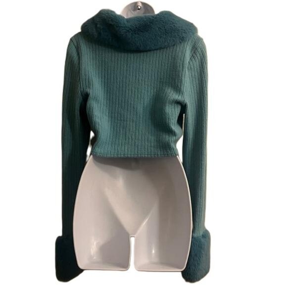 Fashion Nova Turquoise Fuzzy Trim Cropped Blazer, Large - Picture 2 of 5